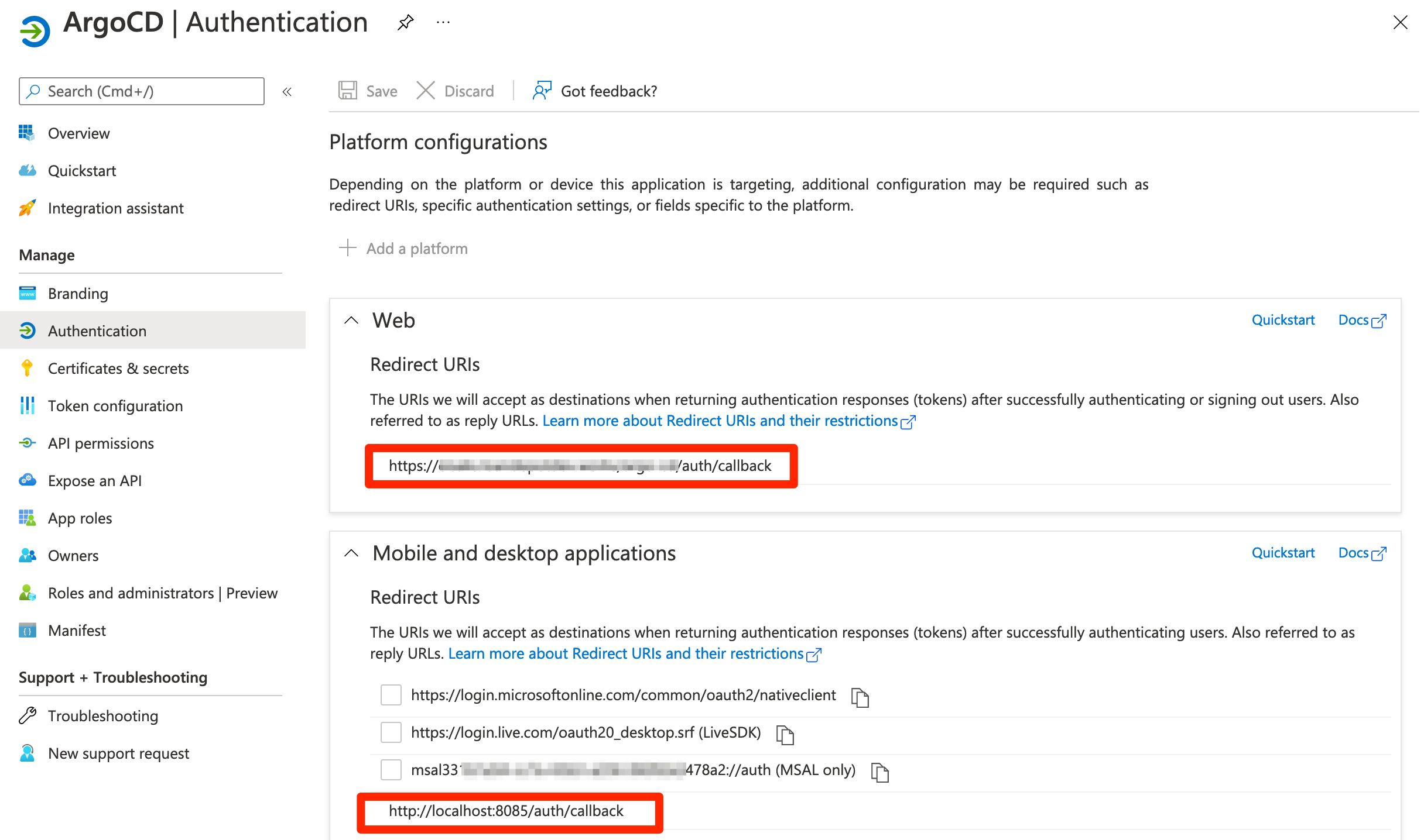 Azure App registration's Authentication