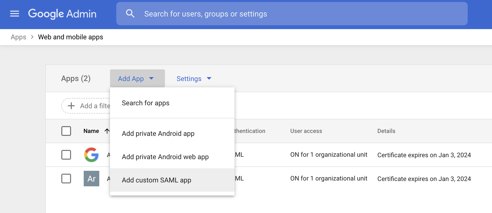 Google Admin Add Custom SAML App