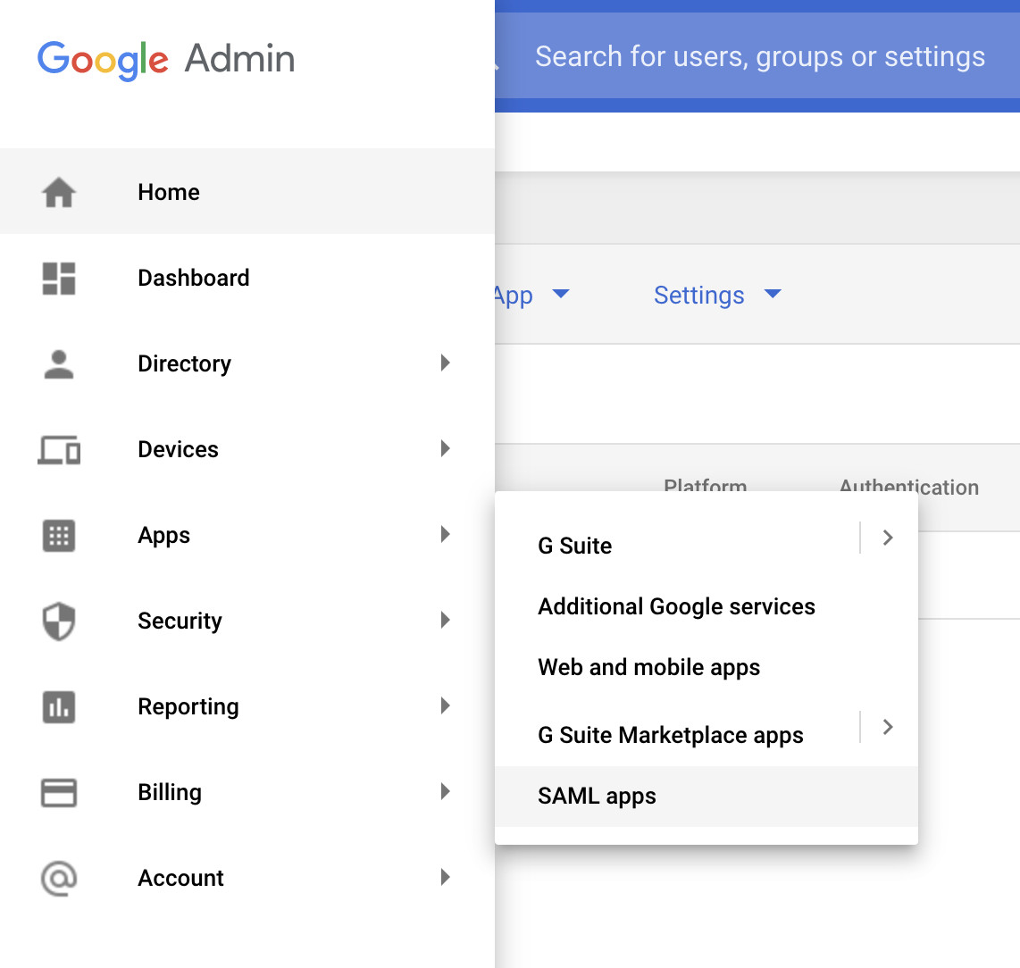 Google Admin Apps Menu