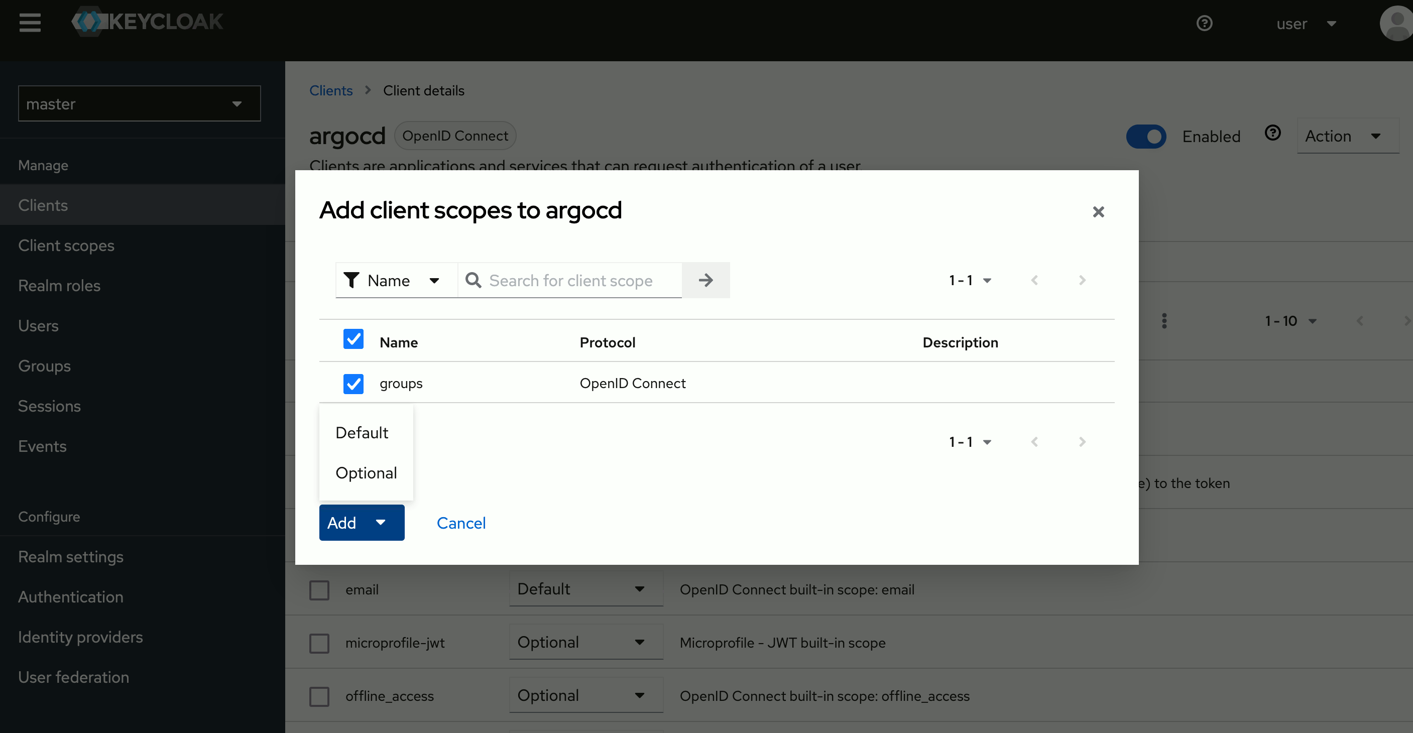 Keycloak client scope