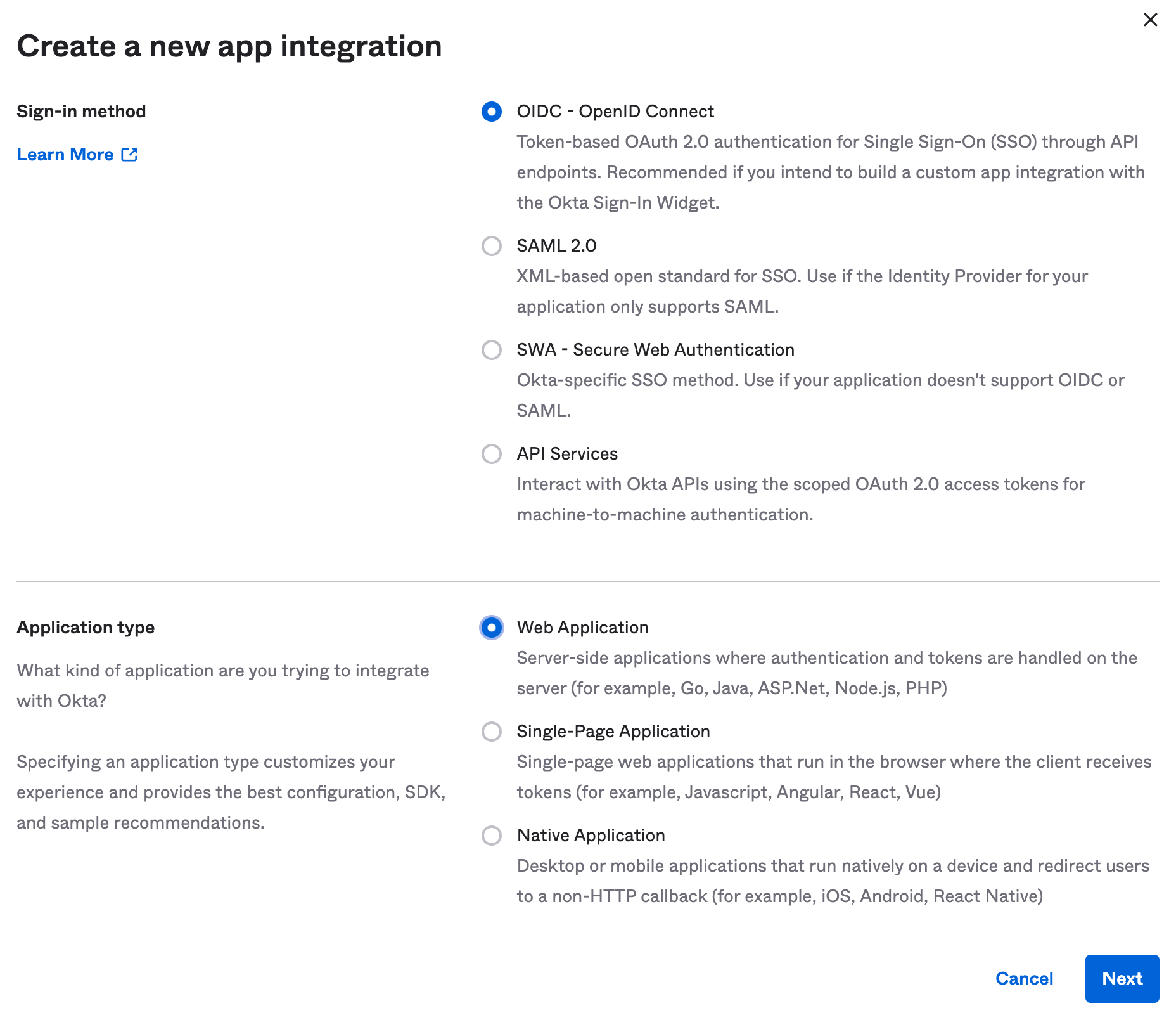 Okta OIDC app dialogue